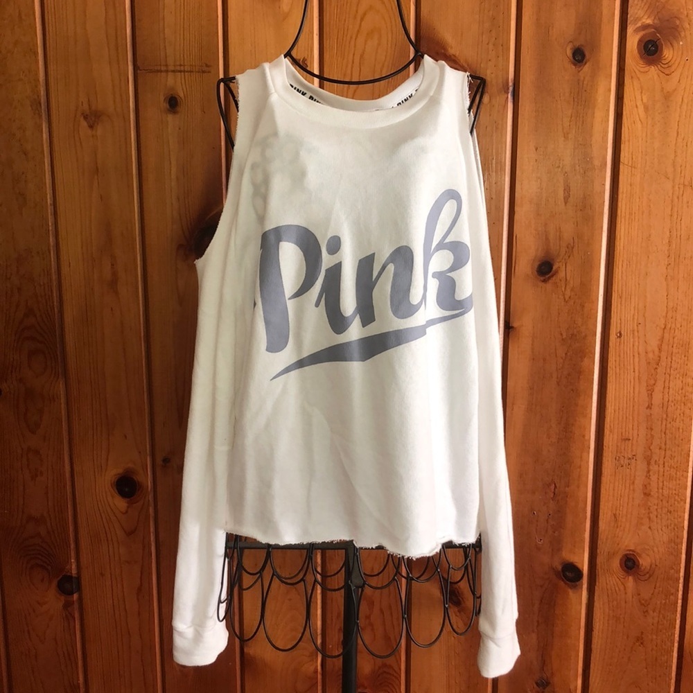 PINK Victoria’s Secret white and gray sweatshirt off the shoulder size small​​
